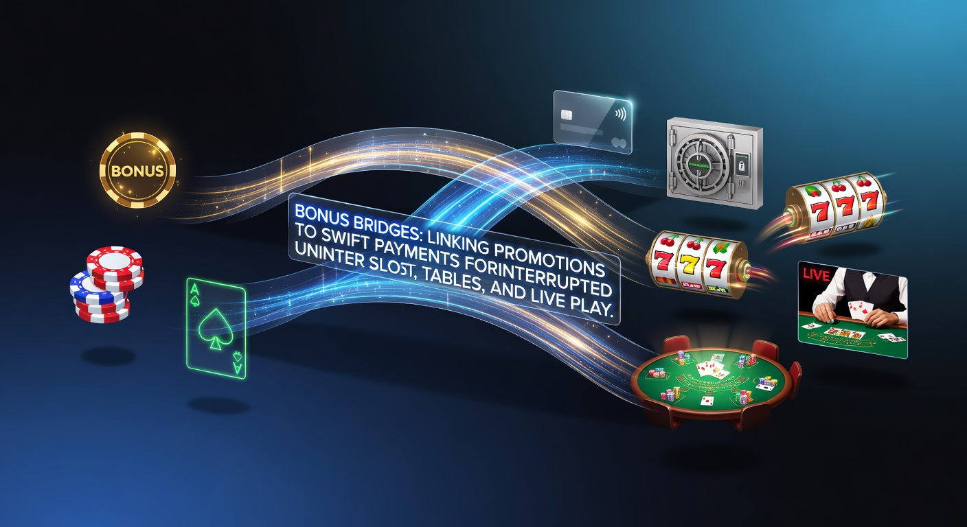 Grafik zeigt eine Brücke aus Boni und schnellen Zahlungen, die Slots, Tische und Live-Dealer verbindet, mit Symbolen für Echtzeit-Überweisungen und Freispiele