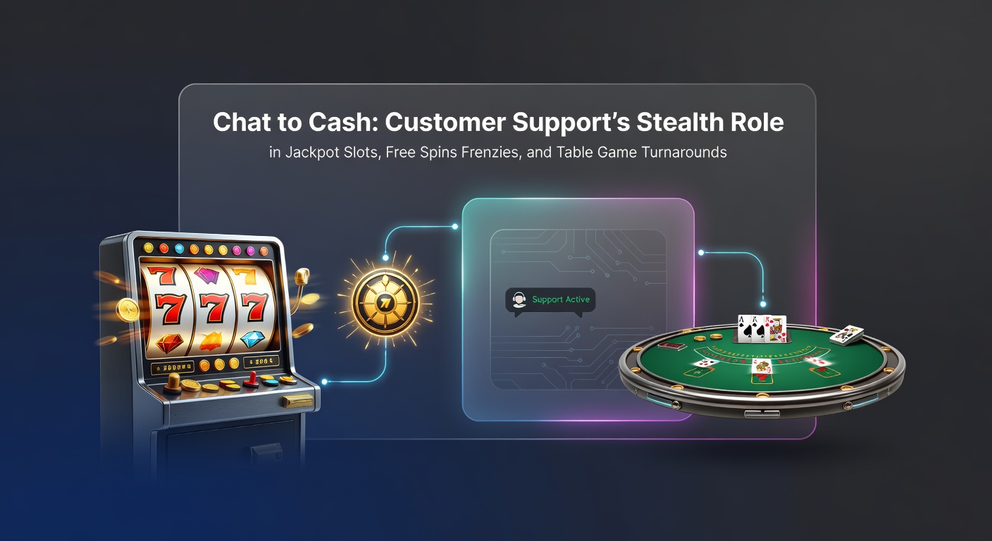 Ein Chat-Fenster mit einem Support-Agenten, der einem Spieler bei einem Jackpot-Gewinn hilft, während Slot-Maschinen im Hintergrund leuchten