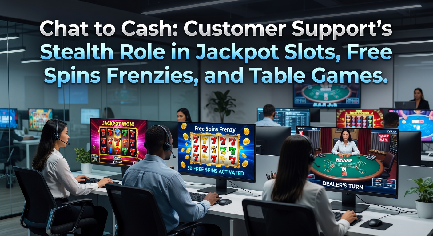 Ein Spieler feiert einen Free-Spins-Gewinn am Chat mit Support, während farbenfrohe Slot-Symbole umherwirbeln