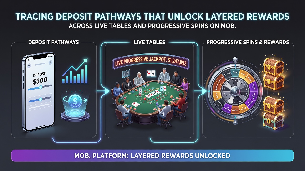 Progressive slot spins interface with layered rewards on mobile device
